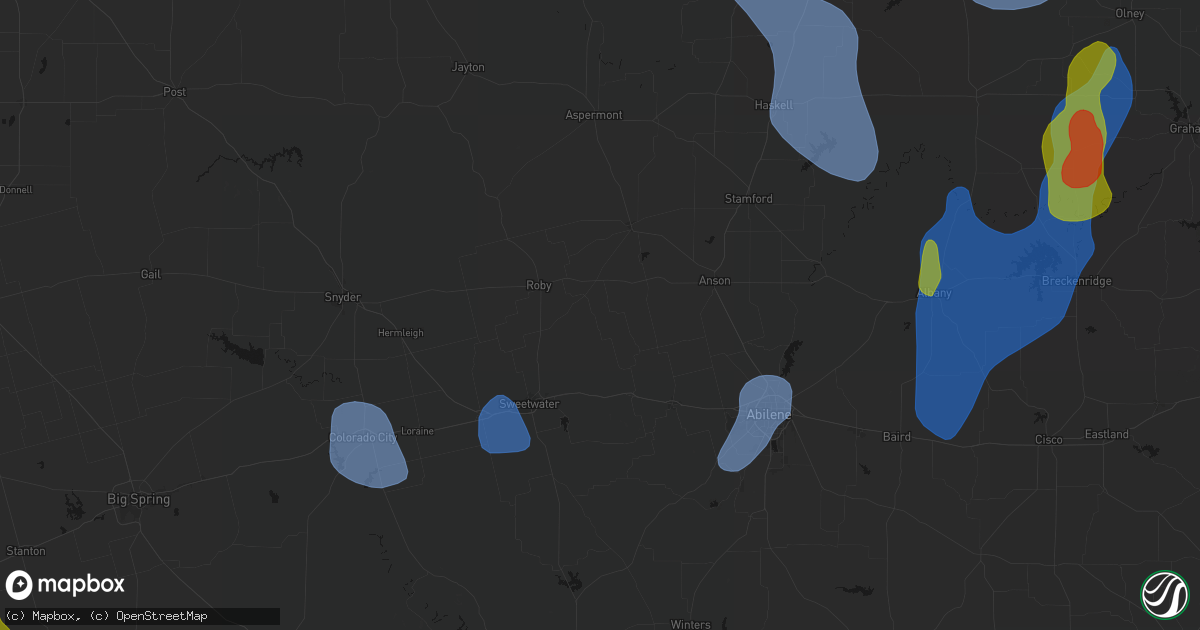 Hail map in Sylvester, TX on July 5, 2026