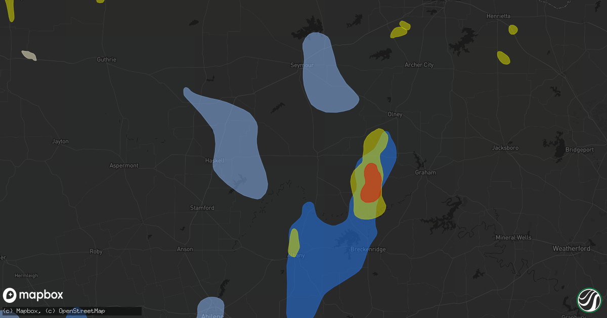 Hail map in Throckmorton, TX on July 5, 2026