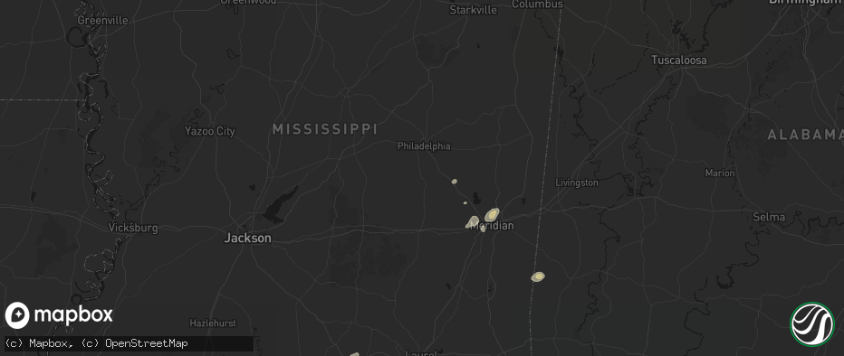 Hail map in Union, MS on July 5, 2026