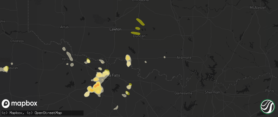 Hail map in Waurika, OK on July 5, 2026