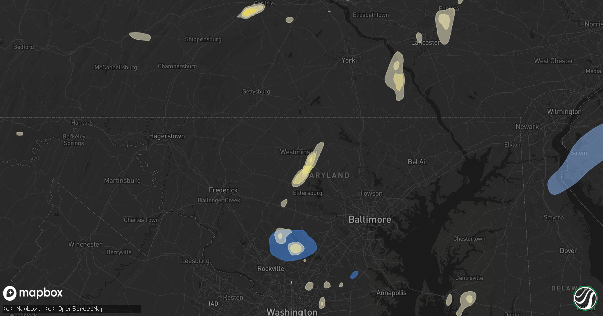 Hail map in Westminster, MD on July 5, 2026