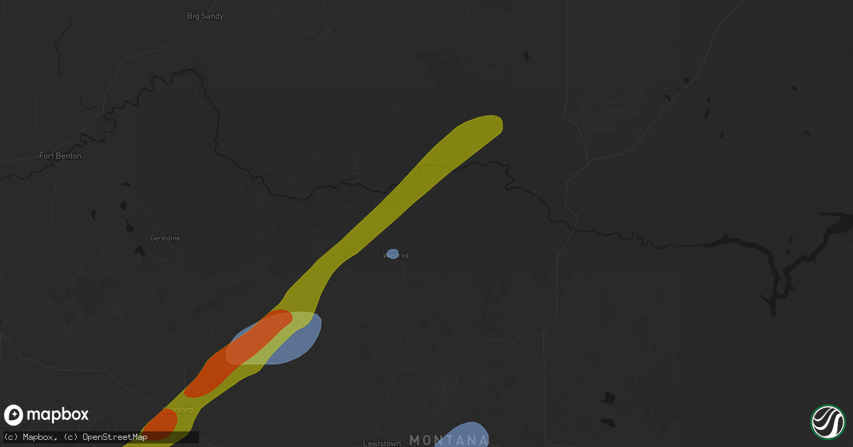 Hail map in Winifred, MT on July 5, 2026