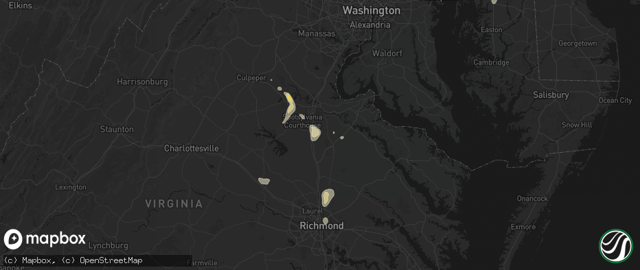 Hail map in Woodford, VA on July 5, 2026