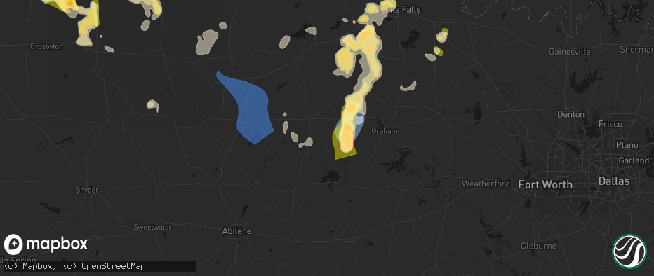 Hail map in Woodson, TX on July 5, 2026