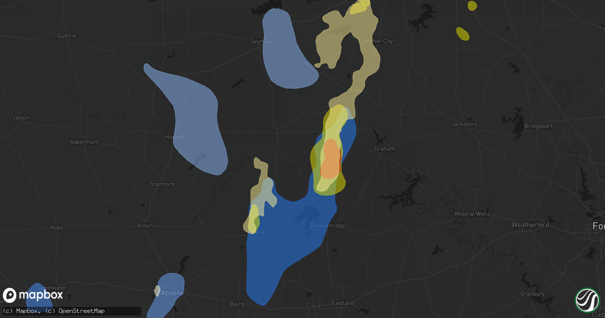 Hail map in Woodson, TX on July 5, 2026