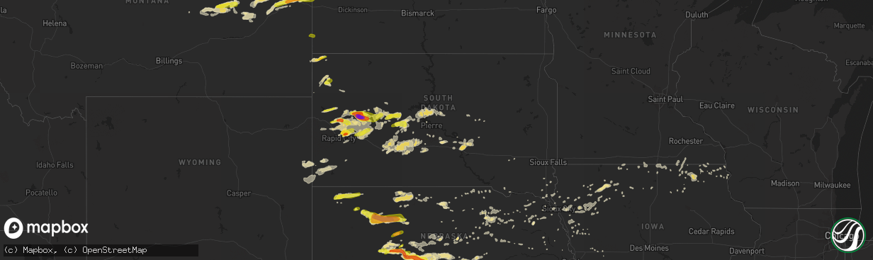 Hail map in South Dakota on July 6, 2016