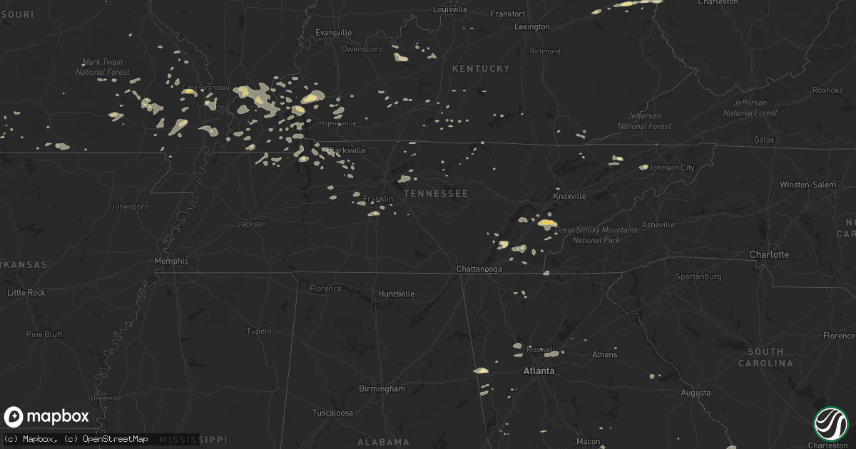 Hail map in Tennessee on July 6, 2016