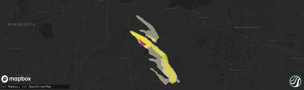 Hail map in Hayward, WI on July 6, 2017