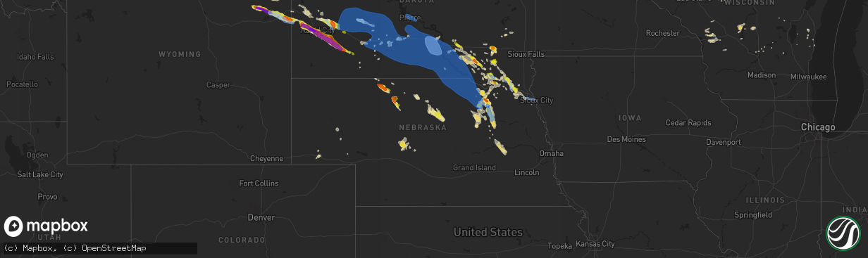 Hail map in Nebraska on July 6, 2020