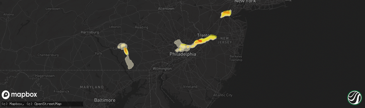 Hail map in Philadelphia, PA on July 6, 2020