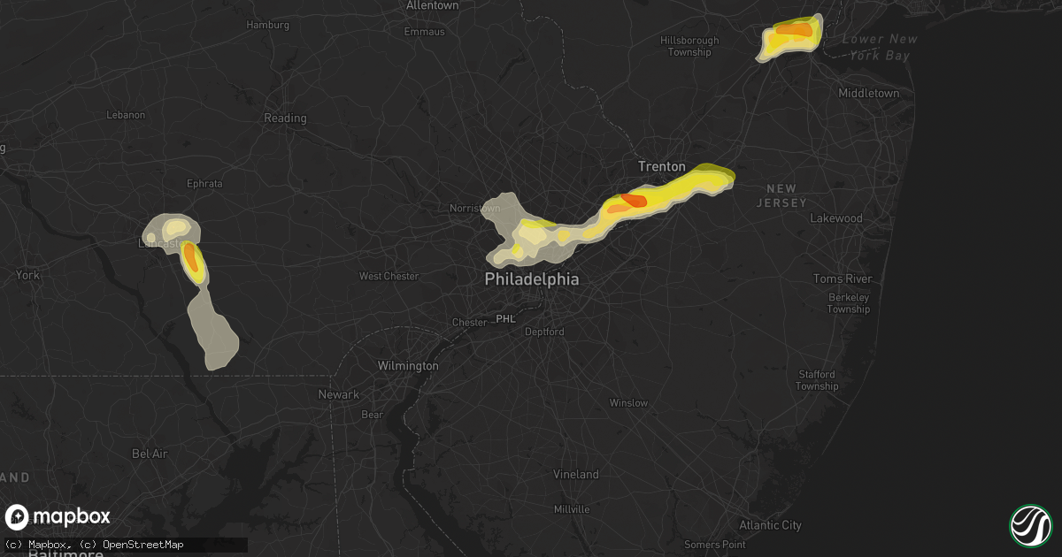 Hail map in Philadelphia, PA on July 6, 2020