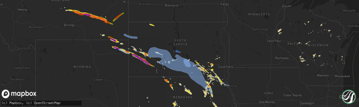 Hail map in South Dakota on July 6, 2020