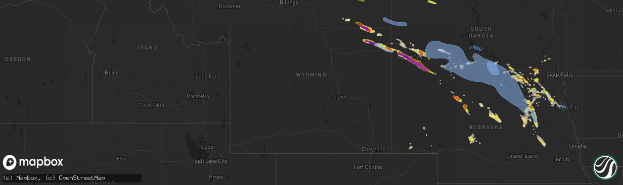 Hail map in Wyoming on July 6, 2020