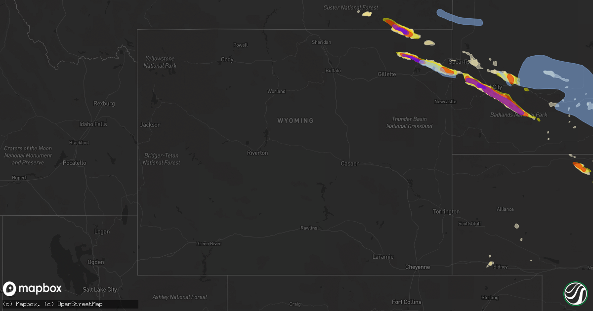 Hail map in Wyoming on July 6, 2020