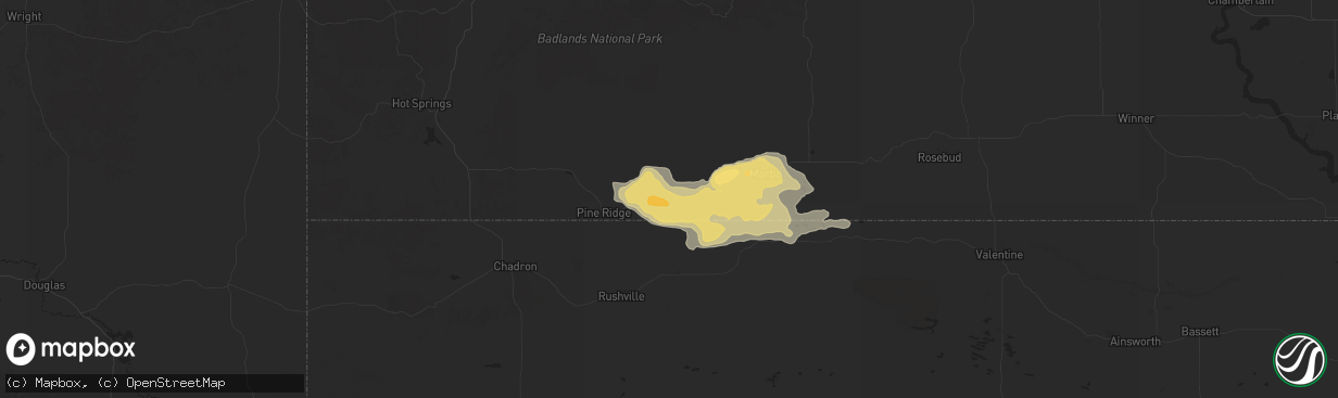 Hail map in Batesland, SD on July 6, 2025