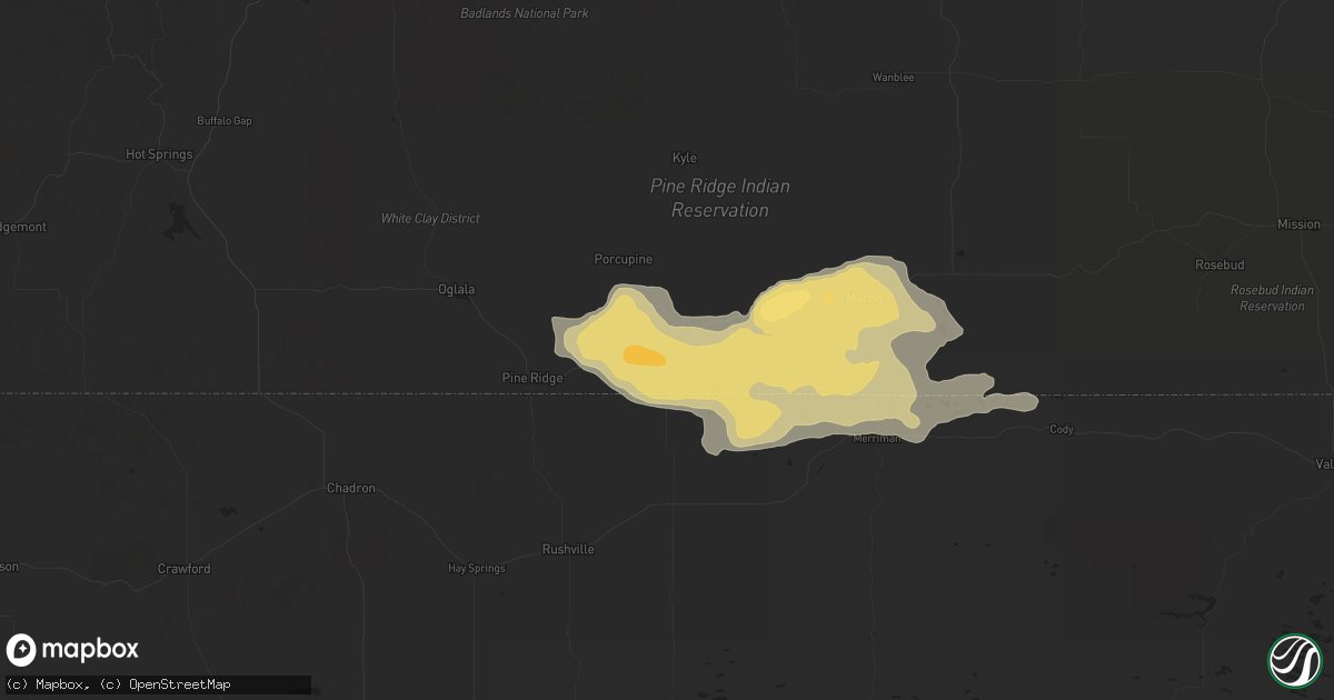 Hail map in Batesland, SD on July 6, 2025