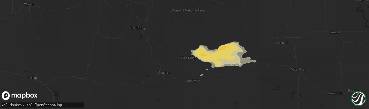 Hail map in Pine Ridge, SD on July 6, 2025