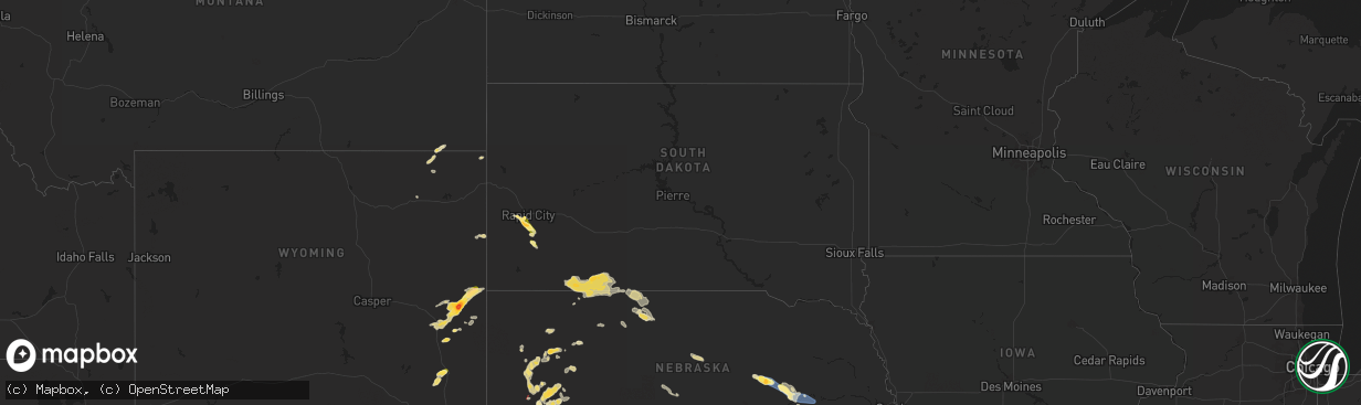 Hail map in South Dakota on July 6, 2025