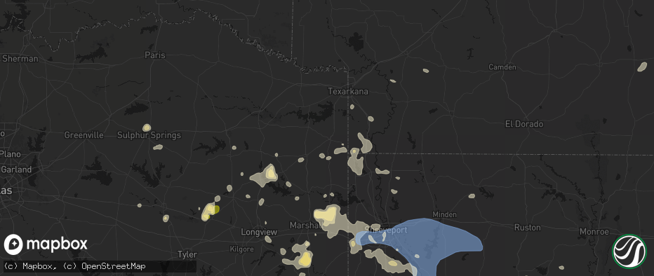 Hail map in Atlanta, TX on July 6, 2026