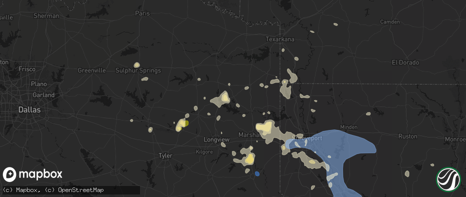 Hail map in Avinger, TX on July 6, 2026
