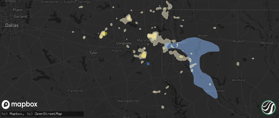Hail map in Beckville, TX on July 6, 2026