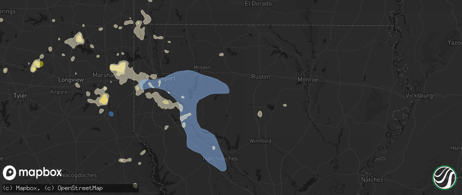 Hail map in Bienville, LA on July 6, 2026
