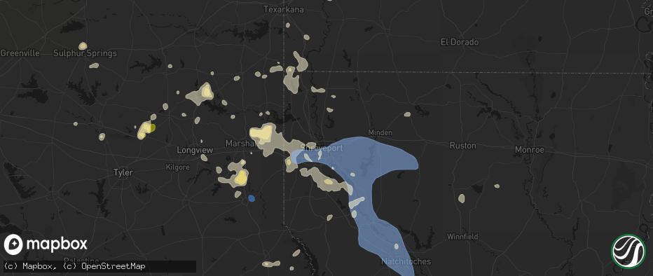 Hail map in Bossier City, LA on July 6, 2026