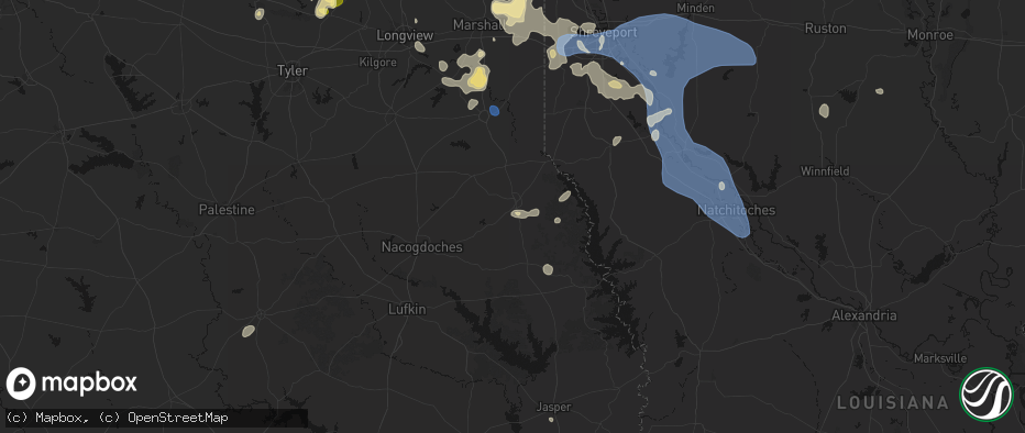 Hail map in Center, TX on July 6, 2026