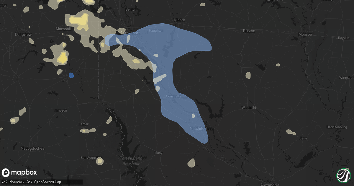Hail map in Coushatta, LA on July 6, 2026
