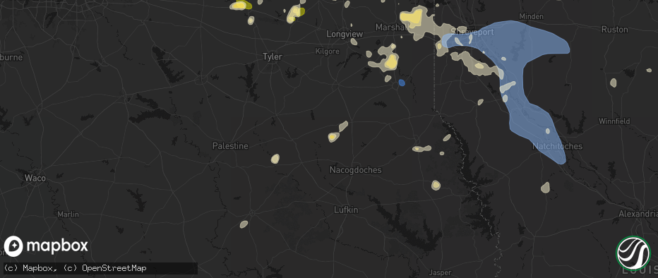 Hail map in Cushing, TX on July 6, 2026