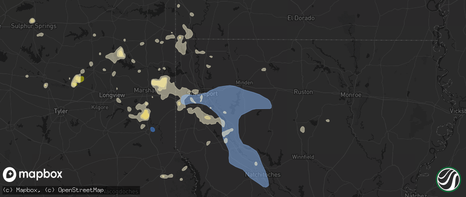 Hail map in Doyline, LA on July 6, 2026