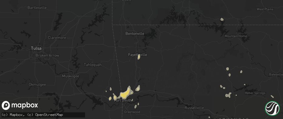 Hail map in Fayetteville, AR on July 6, 2026
