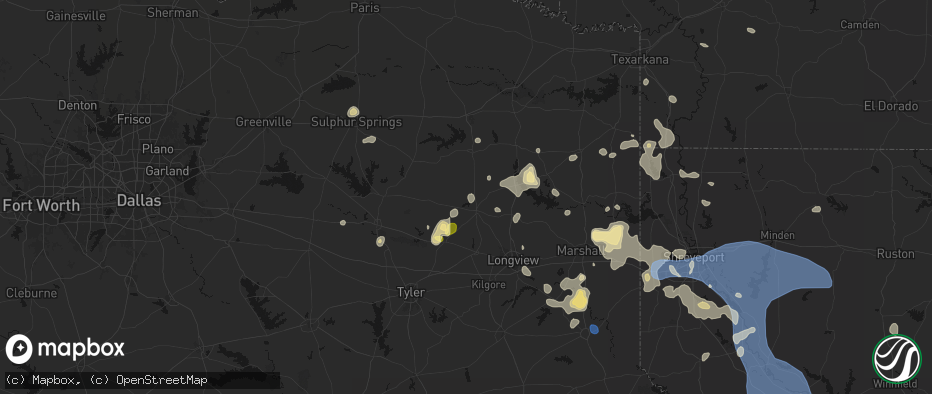 Hail map in Gilmer, TX on July 6, 2026