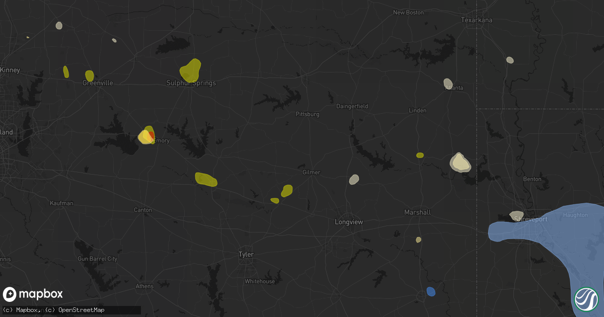 Hail map in Gilmer, TX on July 6, 2026