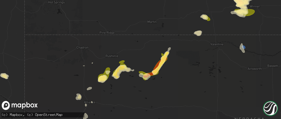 Hail map in Gordon, NE on July 6, 2026