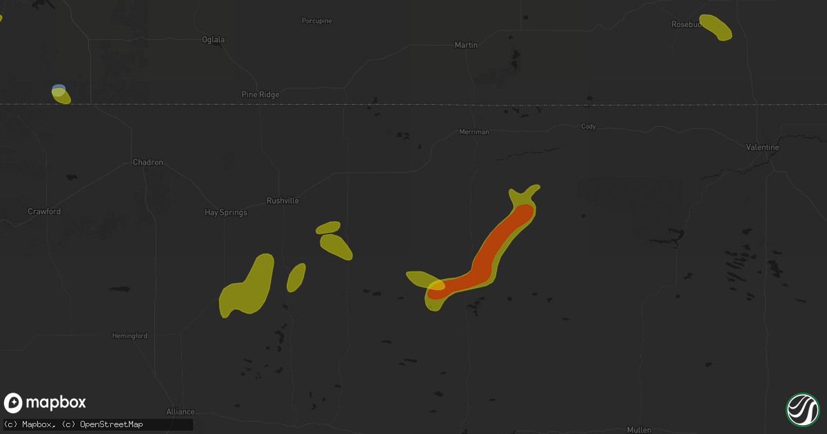 Hail map in Gordon, NE on July 6, 2026