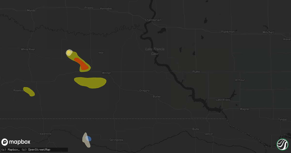 Hail map in Gregory, SD on July 6, 2026