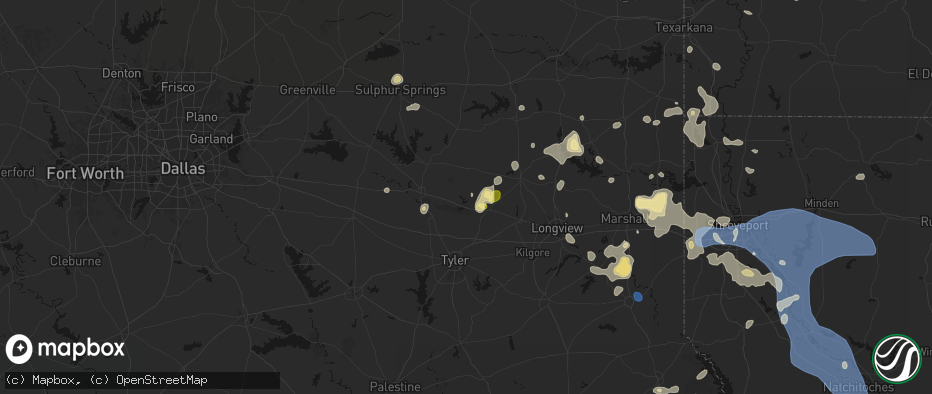 Hail map in Hawkins, TX on July 6, 2026
