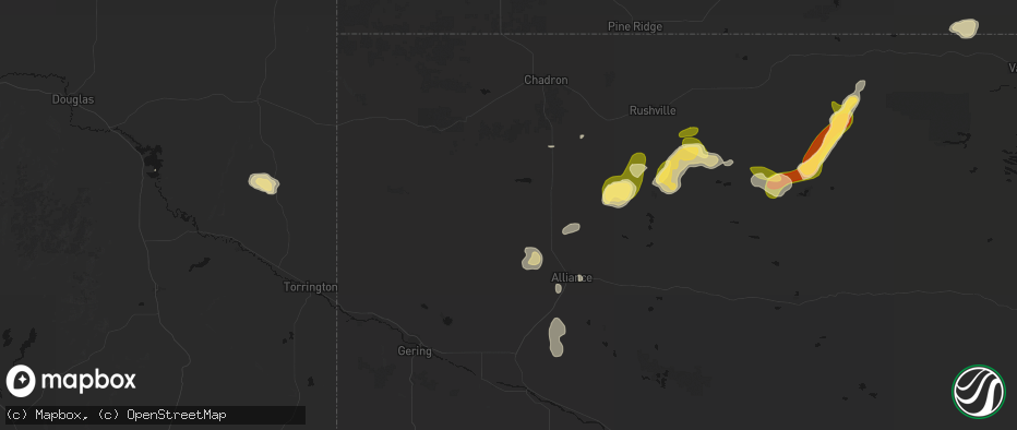 Hail map in Hemingford, NE on July 6, 2026