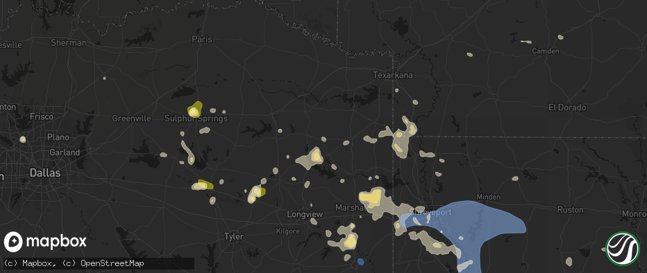Hail map in Hughes Springs, TX on July 6, 2026