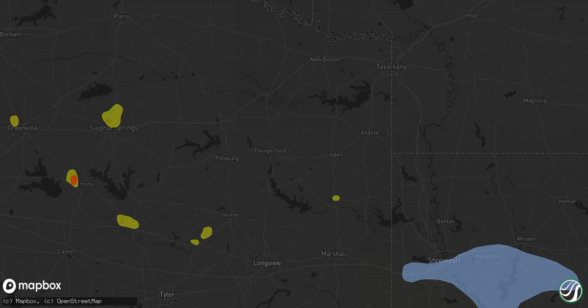 Hail map in Hughes Springs, TX on July 6, 2026