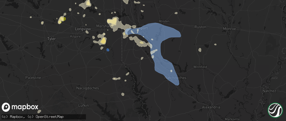 Hail map in Mansfield, LA on July 6, 2026
