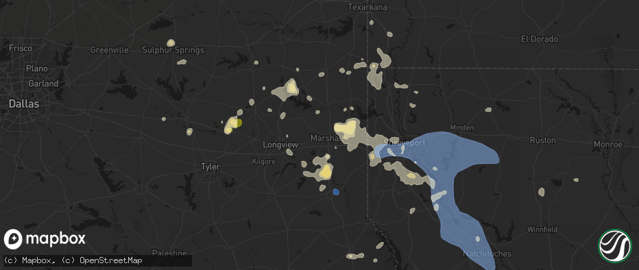 Hail map in Marshall, TX on July 6, 2026