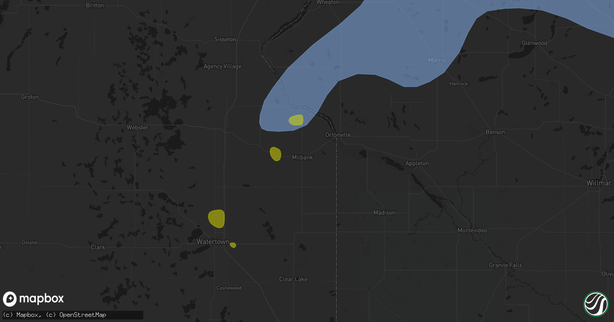 Hail map in Milbank, SD on July 6, 2026