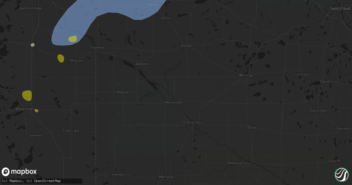 Hail map in Montevideo, MN on July 6, 2026
