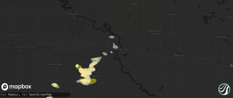 Hail map in Oacoma, SD on July 6, 2026