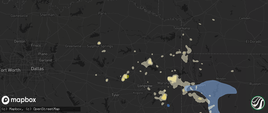 Hail map in Pittsburg, TX on July 6, 2026