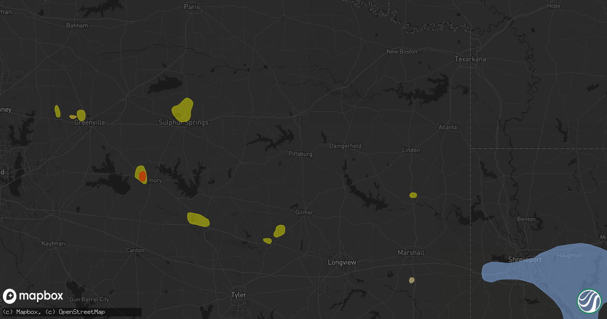 Hail map in Pittsburg, TX on July 6, 2026