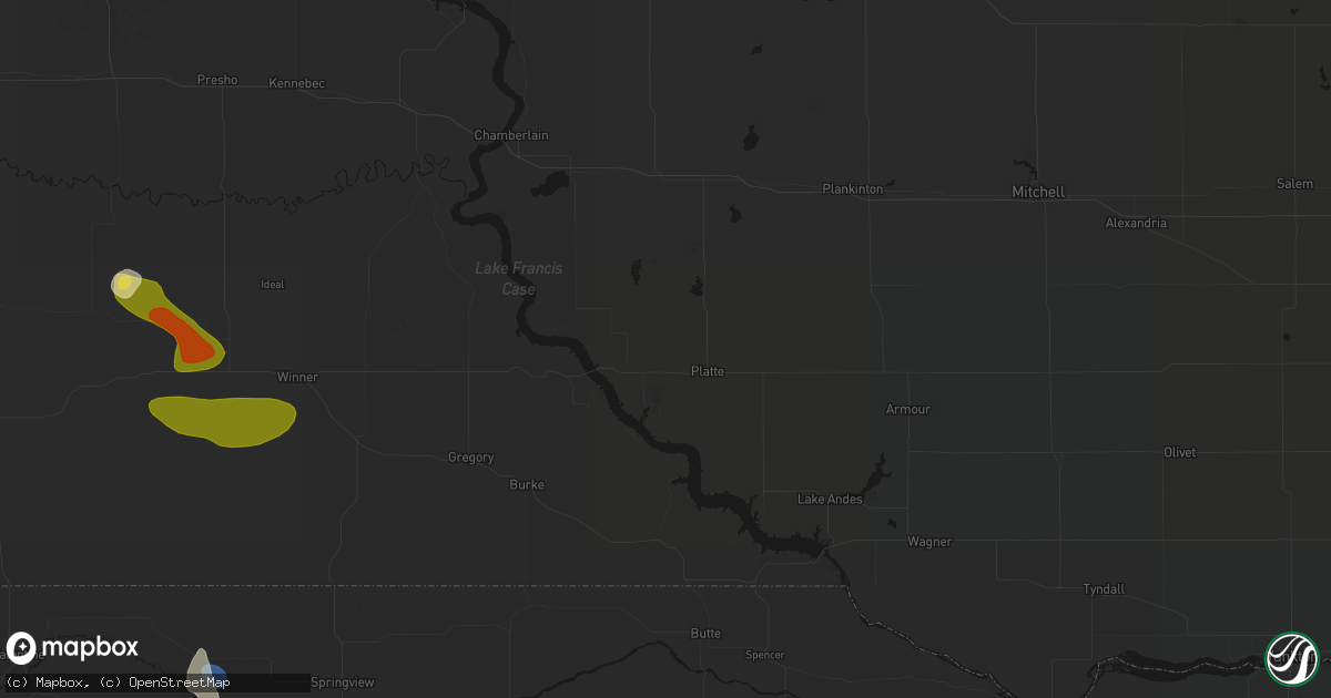 Hail map in Platte, SD on July 6, 2026