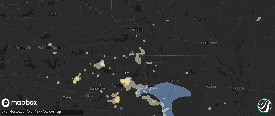 Hail map in Rodessa, LA on July 6, 2026